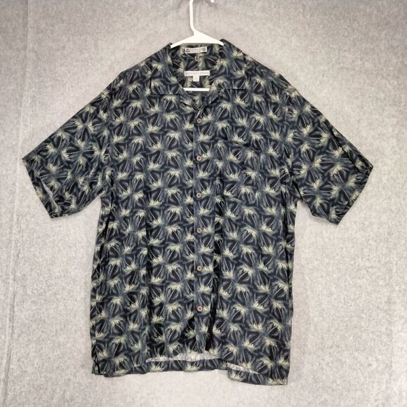 Geoffrey Beene Shirt Mens Size L Silk Blend Button Down Black Tropical Hawaiian - Picture 1 of 10